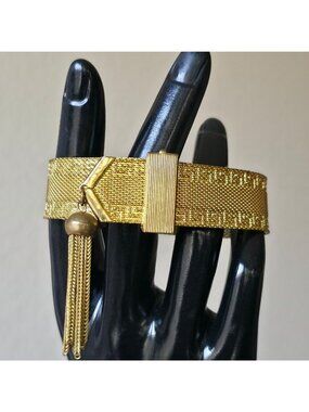 Vintage Greek Key Gold Tone Mesh Tassel Bracelet